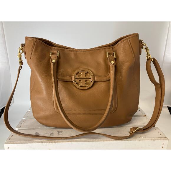 TORY BURCH LARGE CAMEL BROWN PEBBLED LEATHER CROSSBODY BAG - Picture 1 of 16